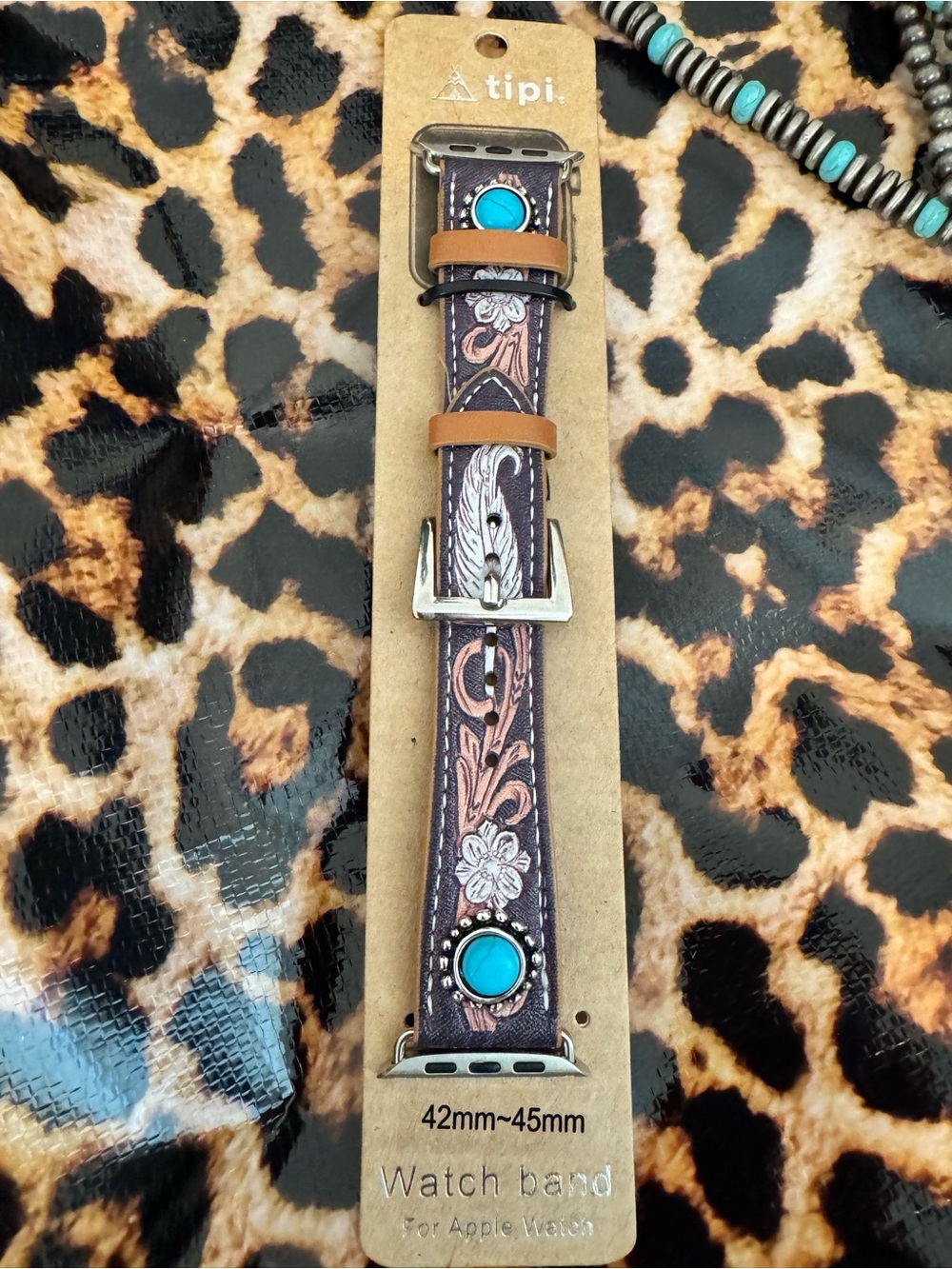 Tipi Brown Leather Watch Band with Turquoise Accents for 42-45mm Apple Watch